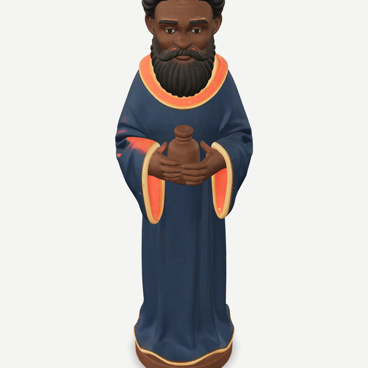 3D printed nativity figurine of Balthazar standing with a jar of myrrh, navy robe and crown — detail view