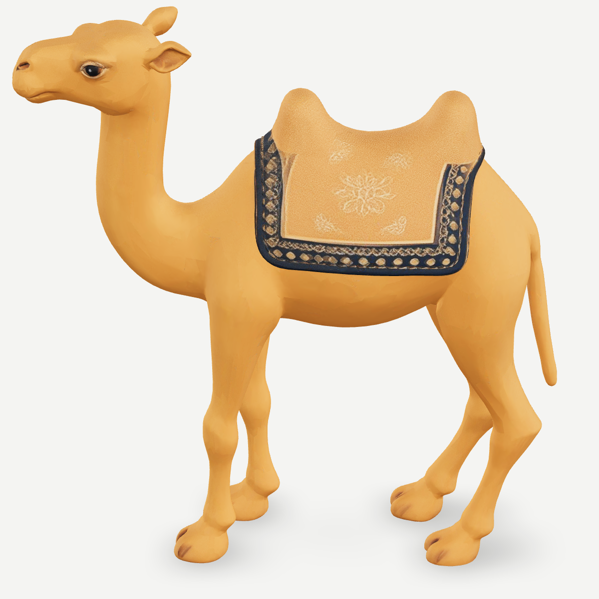 3D printed nativity camel figurine standing with saddle packs, sand-tan finish — detail view