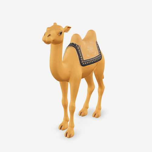 3D printed nativity camel figurine standing with saddle packs, sand-tan finish — front quarter view