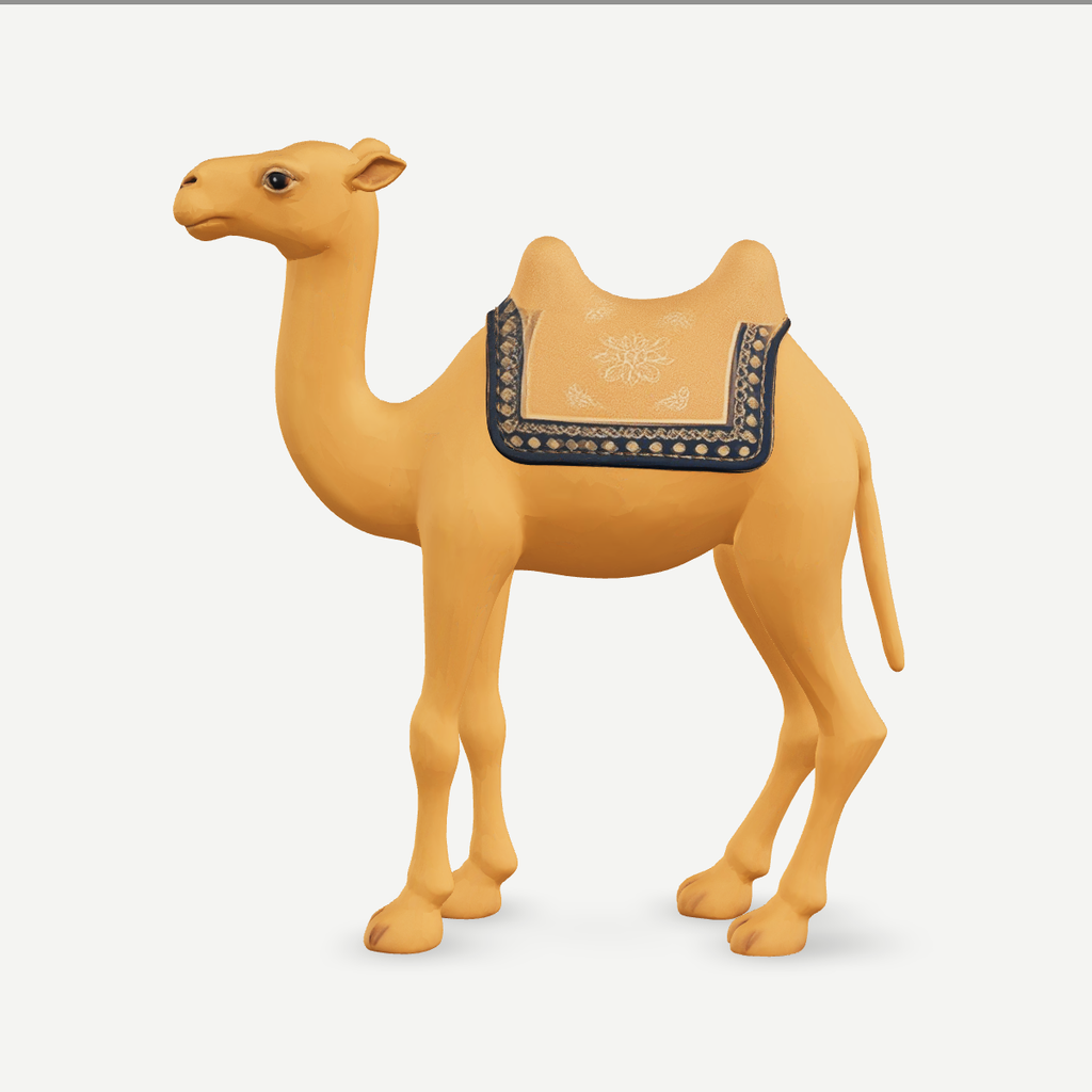 3D printed nativity camel figurine standing with saddle packs, sand-tan finish — side view