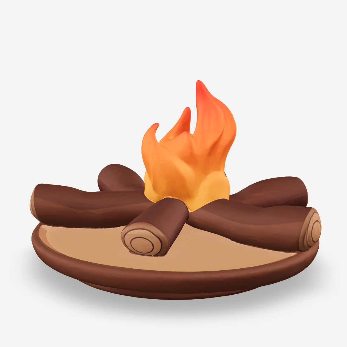 3D printed campfire with stacked logs and a stylised flame on a round base — back view