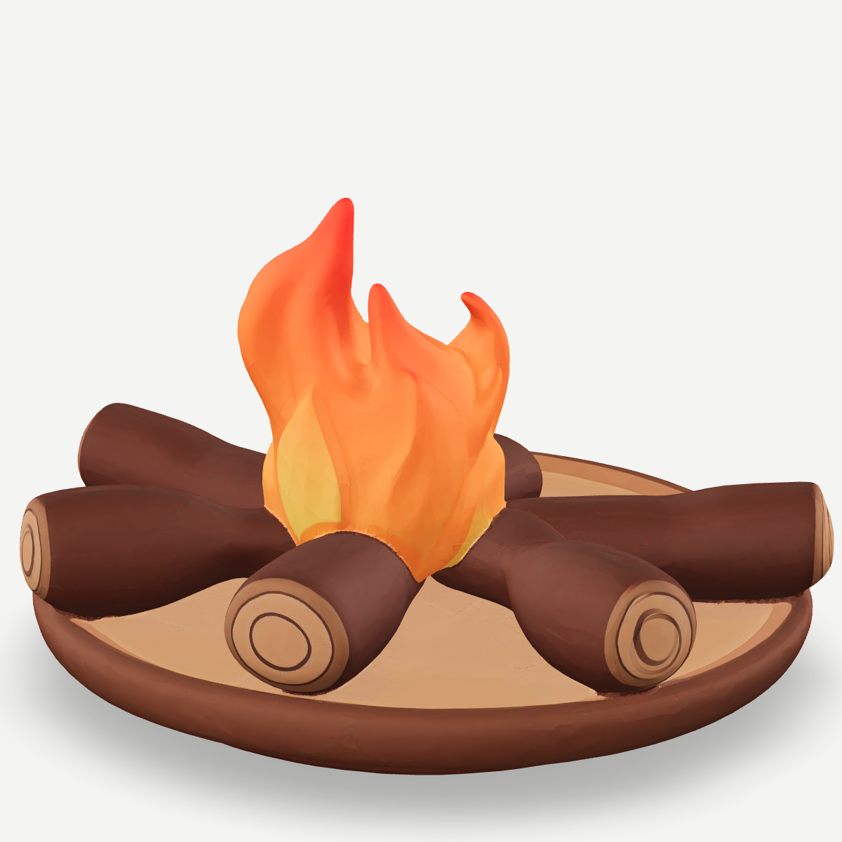 3D printed campfire with stacked logs and a stylised flame on a round base — detail view