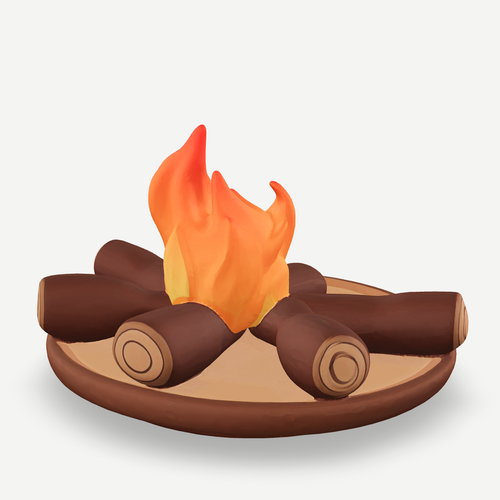 3D printed campfire with stacked logs and a stylised flame on a round base — front quarter view