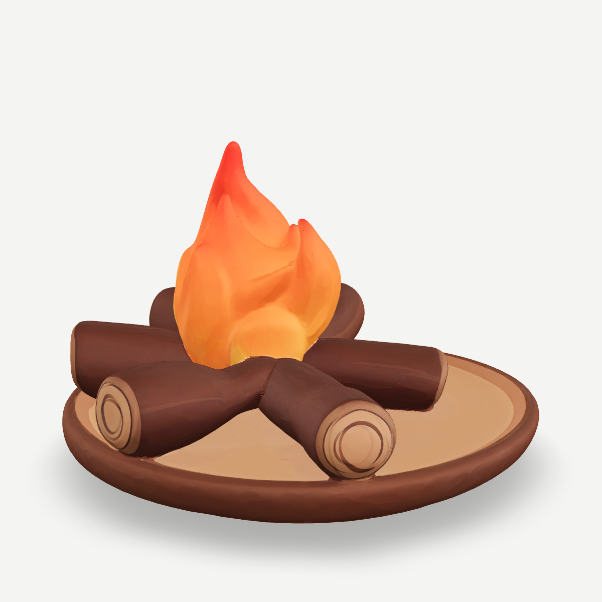 3D printed campfire with stacked logs and a stylised flame on a round base — side view