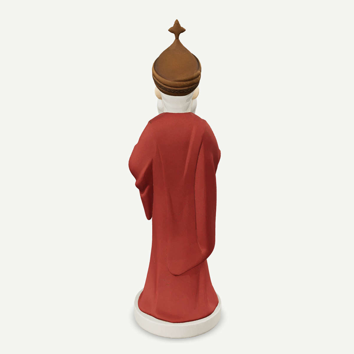 3D printed nativity figurine of Caspar standing with a censer, maroon robe and turban-crown — back view