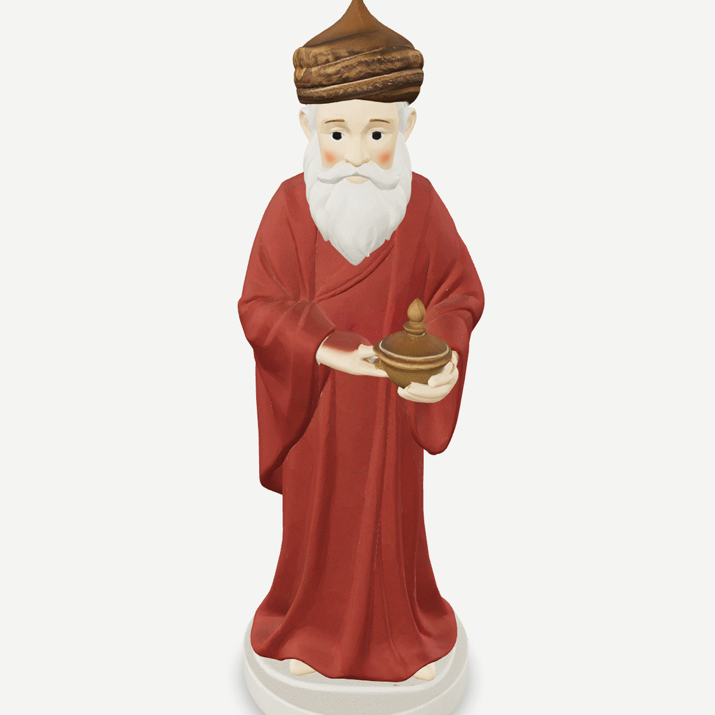3D printed nativity figurine of Caspar standing with a censer, maroon robe and turban-crown — detail view