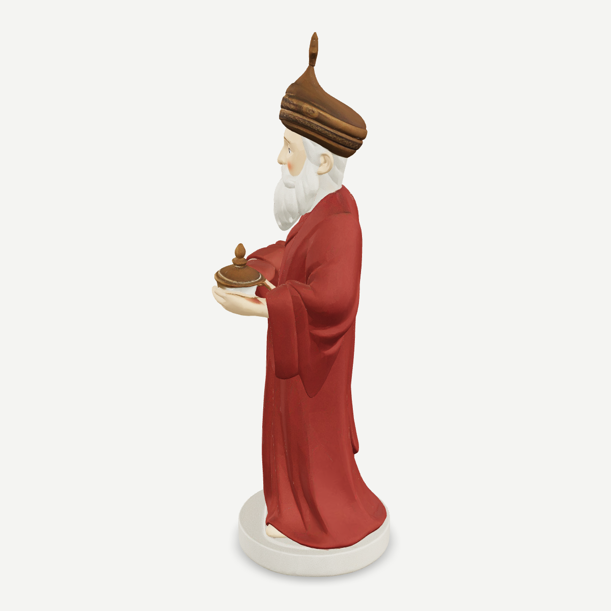 3D printed nativity figurine of Caspar standing with a censer, maroon robe and turban-crown — side view