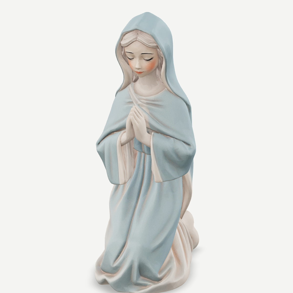 3D printed Mary kneeling nativity figurine — detail view