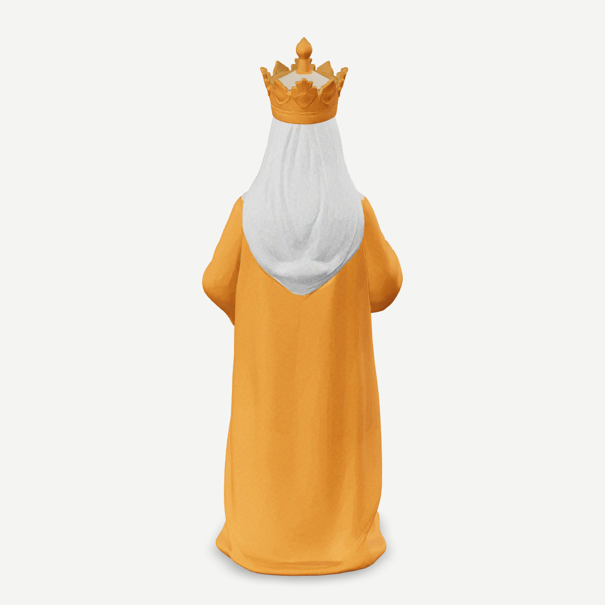 3D printed nativity figurine of Melchior offering a gift, gold robe and crown — back view