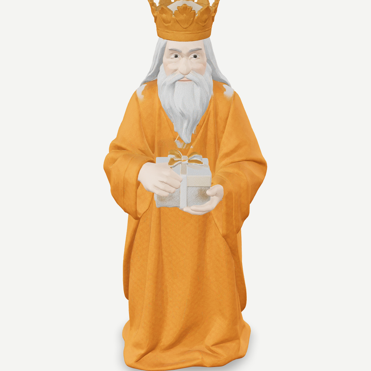 3D printed nativity figurine of Melchior offering a gift, gold robe and crown — detail view