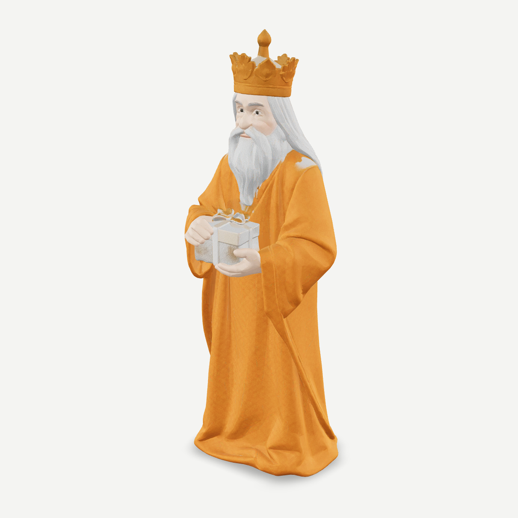 3D printed nativity figurine of Melchior offering a gift, gold robe and crown — front quarter view