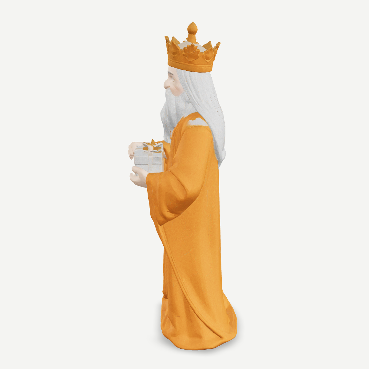 3D printed nativity figurine of Melchior offering a gift, gold robe and crown — side view