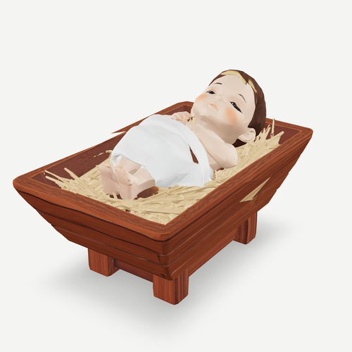 3D printed baby Jesus in the manger nativity figurine — front quarter view