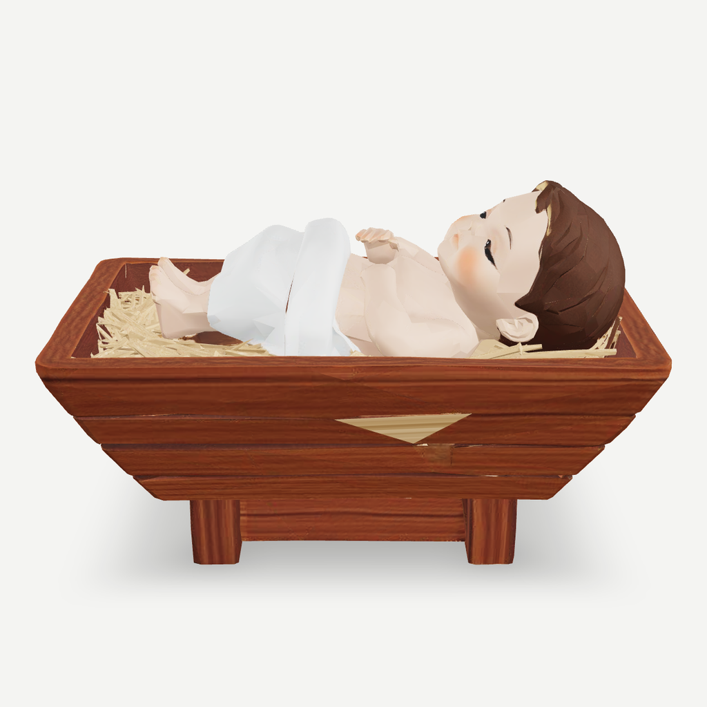 3D printed baby Jesus in the manger nativity figurine — side view