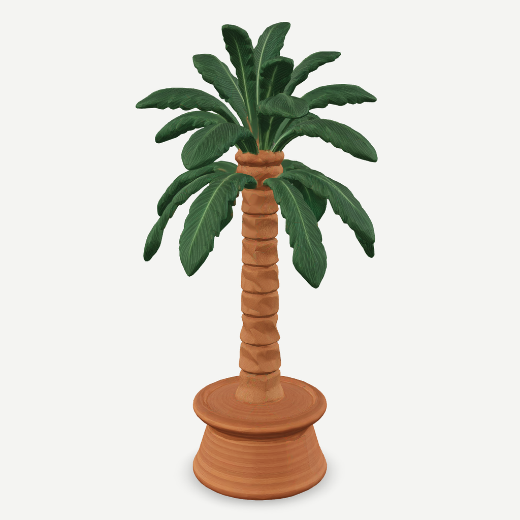 3D printed palm tree on a round plinth for a nativity scene — front quarter view