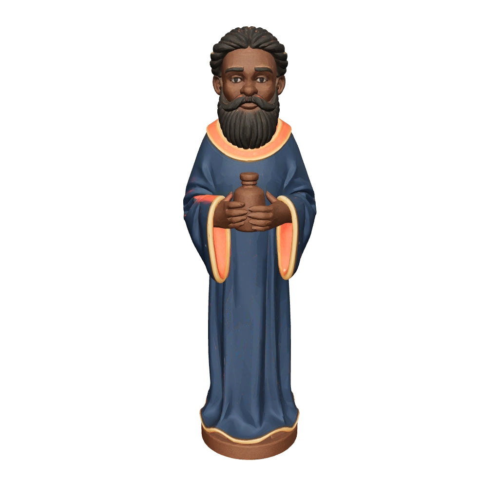 3D printed nativity figurine of Balthazar standing with a jar of myrrh, navy robe and crown — 3D model, actual size (view in AR)