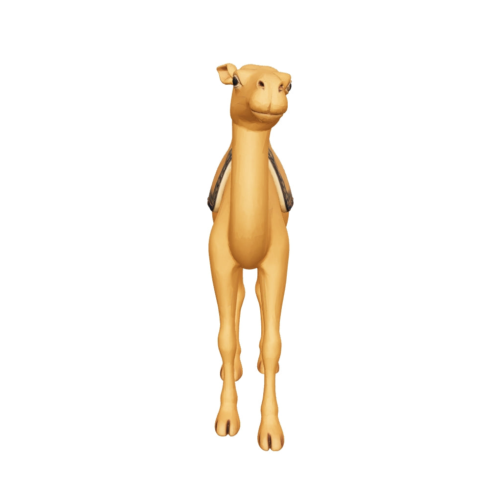 3D printed nativity camel figurine standing with saddle packs, sand-tan finish — 3D model, actual size (view in AR)