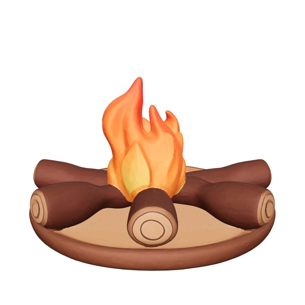 3D printed campfire with stacked logs and a stylised flame on a round base — 3D model, actual size (view in AR)