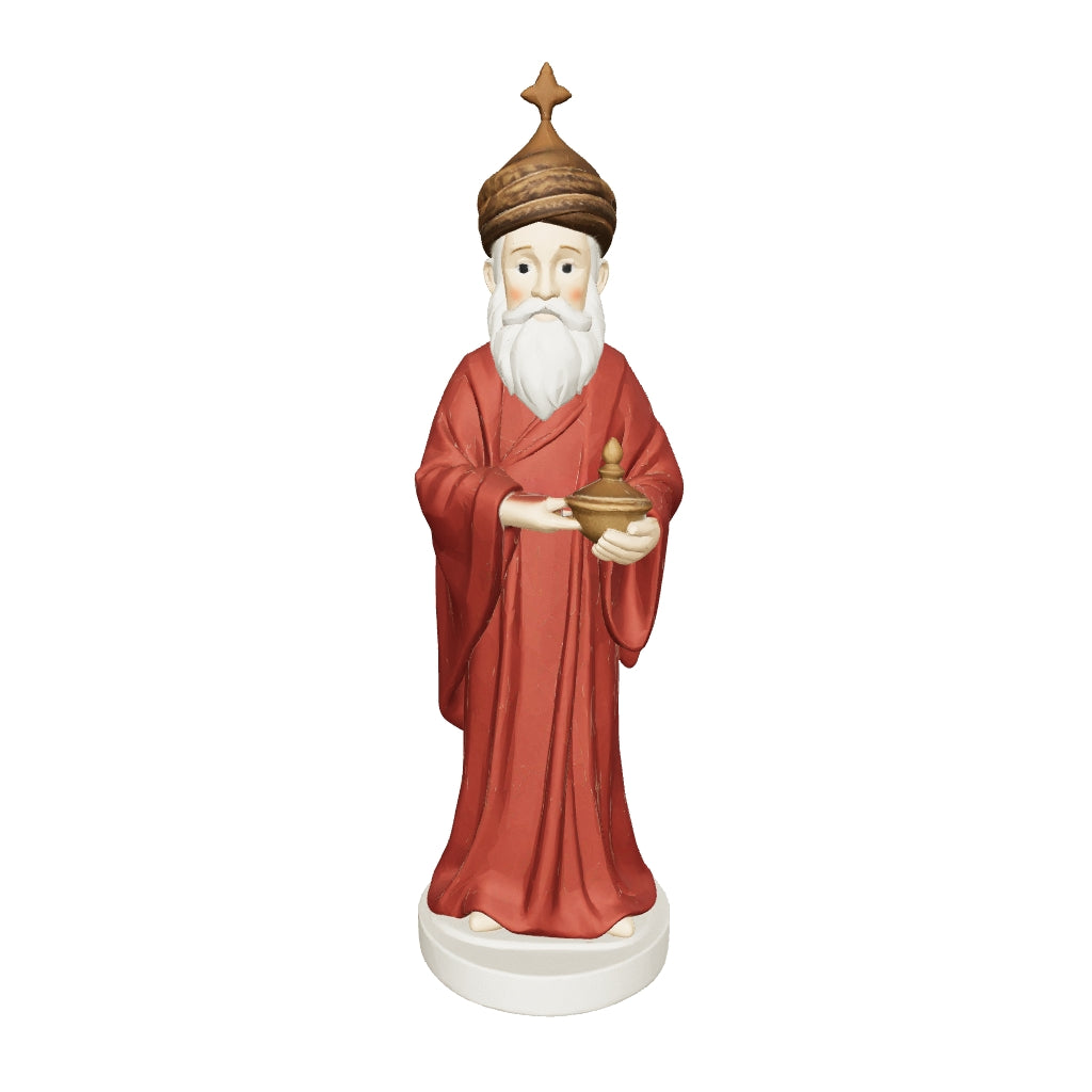 3D printed nativity figurine of Caspar standing with a censer, maroon robe and turban-crown — 3D model, actual size (view in AR)