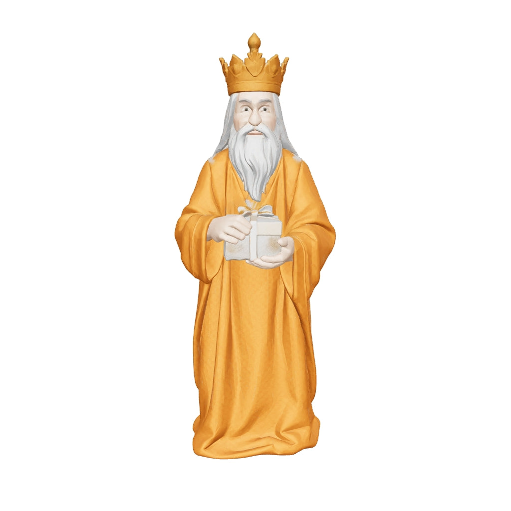 3D printed nativity figurine of Melchior offering a gift, gold robe and crown — 3D model, actual size (view in AR)