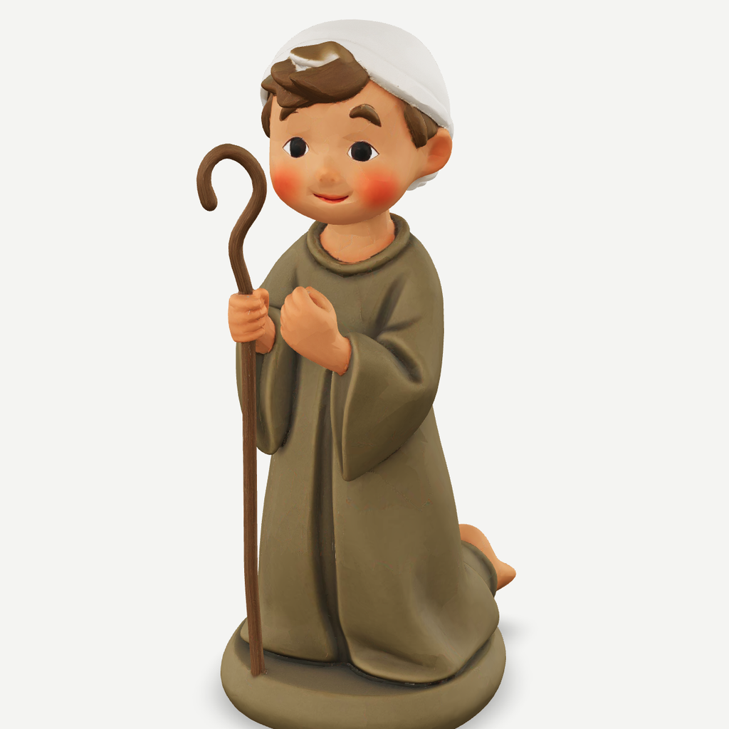 3D printed a shepherd boy kneeling with his crook — detail view