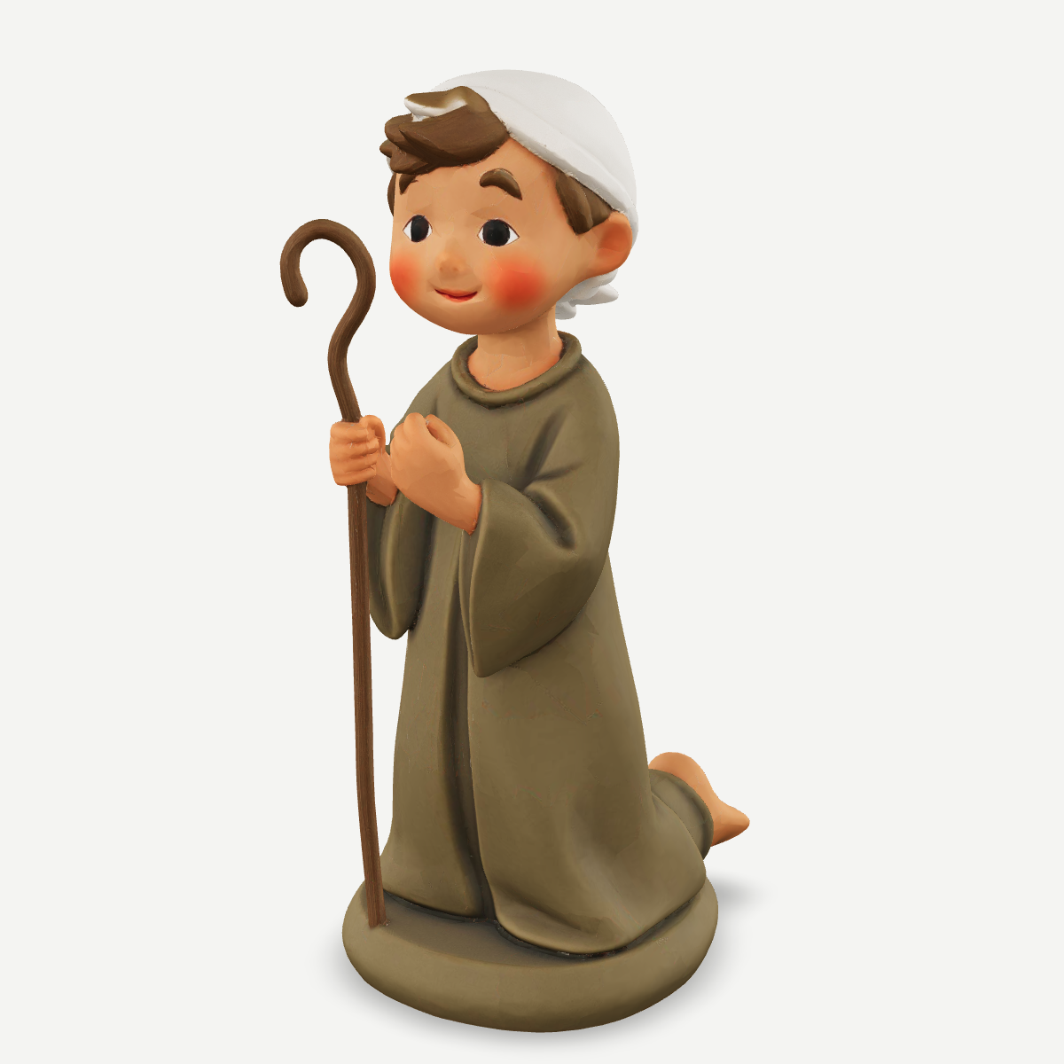 3D printed a shepherd boy kneeling with his crook — front quarter view