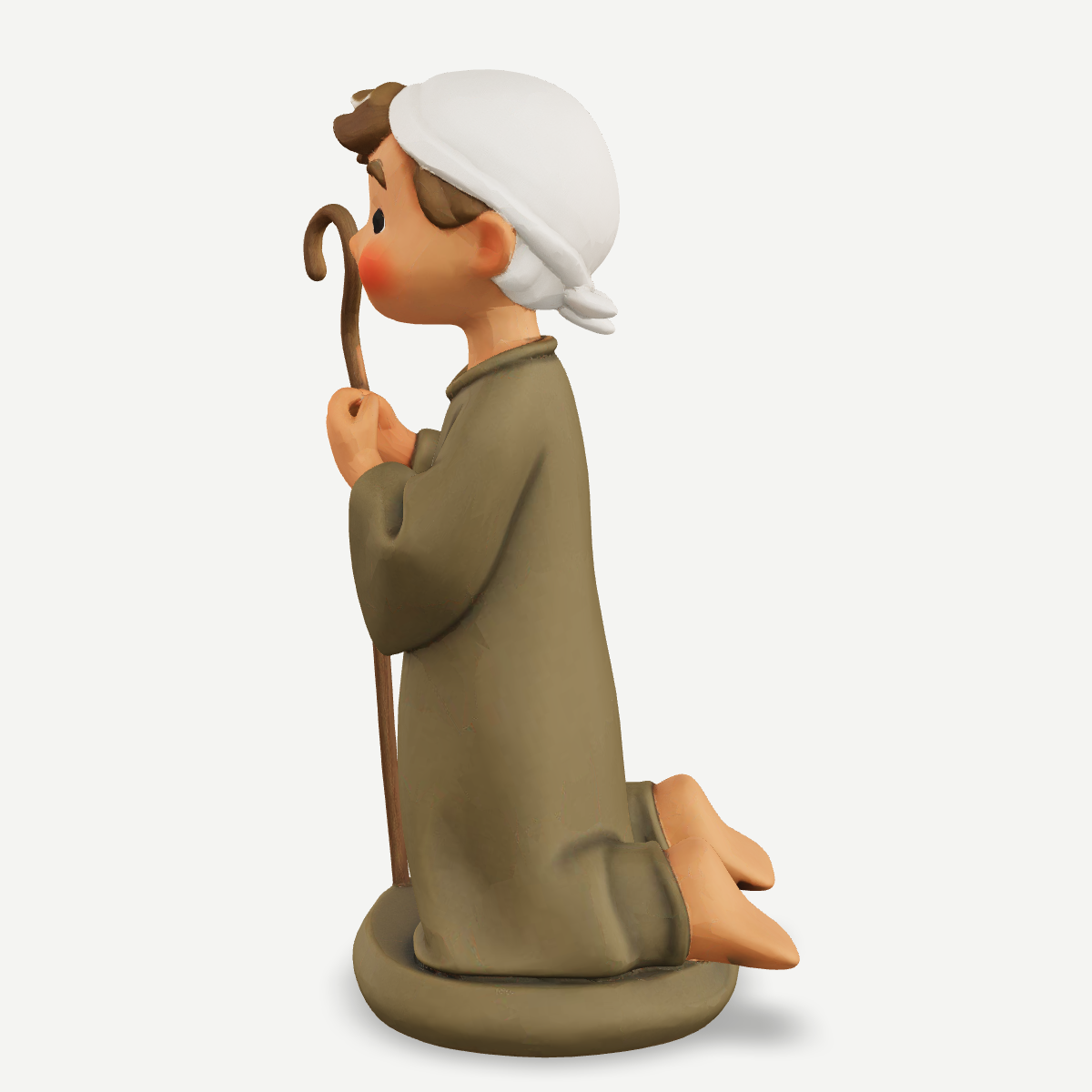 3D printed a shepherd boy kneeling with his crook — side view