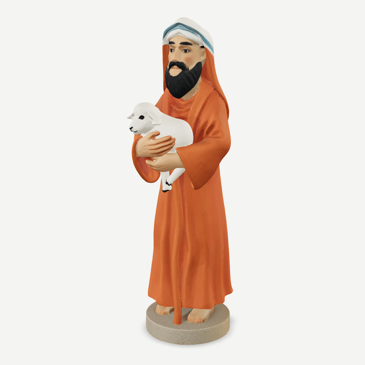 3D printed a shepherd carrying a lamb on his shoulders — front quarter view