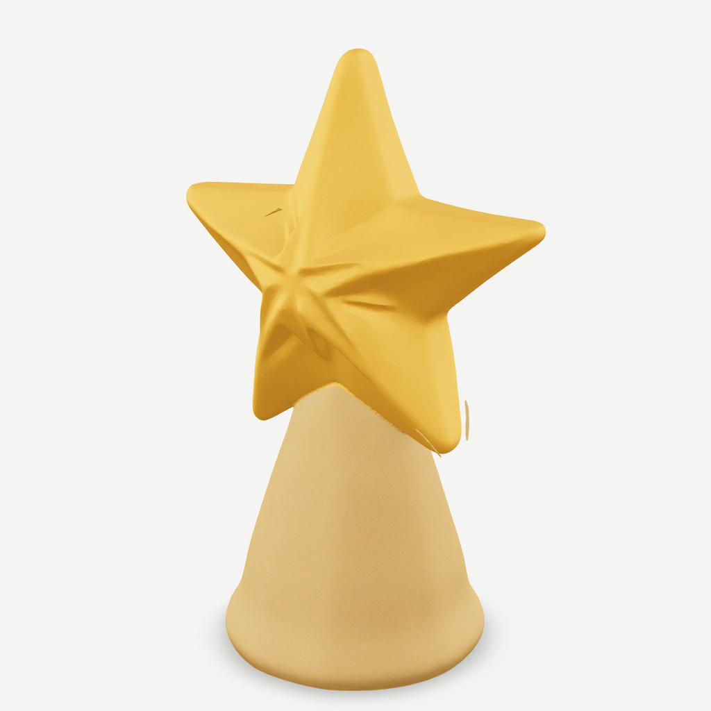 3D printed golden Star of Bethlehem on a round stand — front quarter view
